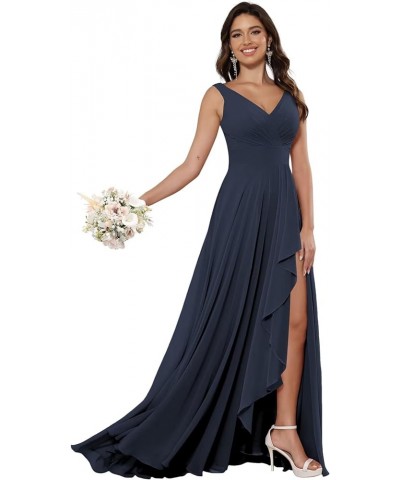 Women's V Neck Bridesmaid Dresses Long with Slit Ruffle A Line Chiffon Formal Evening Dress with Pockets VS039 Navy Blue $29....