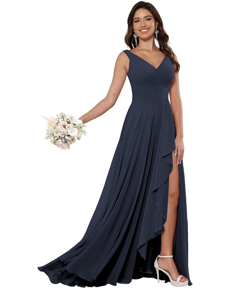 Women's V Neck Bridesmaid Dresses Long with Slit Ruffle A Line Chiffon Formal Evening Dress with Pockets VS039 Navy Blue $29....