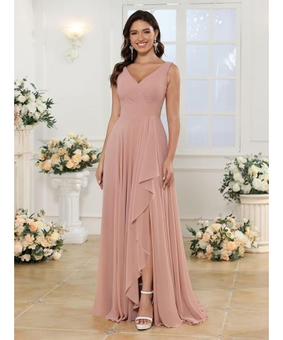 Women's V Neck Bridesmaid Dresses Long with Slit Ruffle A Line Chiffon Formal Evening Dress with Pockets VS039 Navy Blue $29....