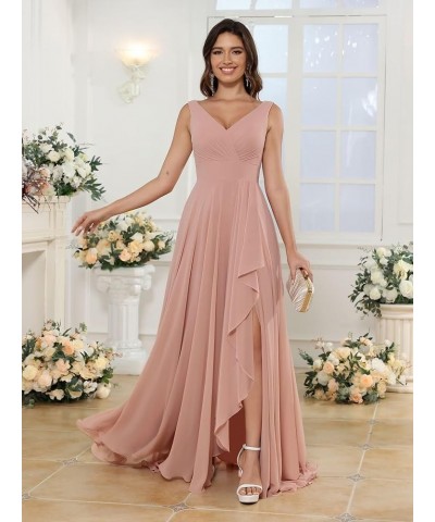 Women's V Neck Bridesmaid Dresses Long with Slit Ruffle A Line Chiffon Formal Evening Dress with Pockets VS039 Navy Blue $29....