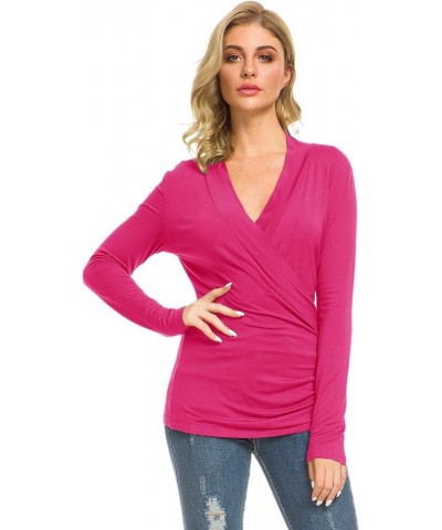 Womens Slim Fitted Deep V Neck Cross Wrap Top Long Sleeve T-Shirts Coral $13.31 T-Shirts