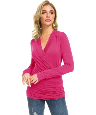 Womens Slim Fitted Deep V Neck Cross Wrap Top Long Sleeve T-Shirts Coral $13.31 T-Shirts