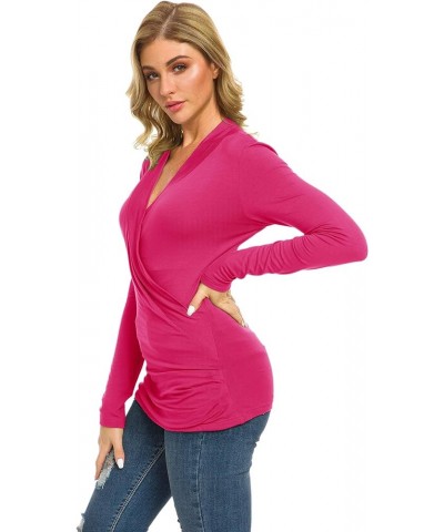 Womens Slim Fitted Deep V Neck Cross Wrap Top Long Sleeve T-Shirts Coral $13.31 T-Shirts