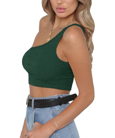 Women's One Shoulder Sleeveless Crop Tops Summer Sexy Strappy Tank Tees Green $8.99 Tanks