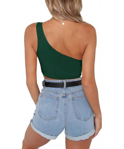 Women's One Shoulder Sleeveless Crop Tops Summer Sexy Strappy Tank Tees Green $8.99 Tanks