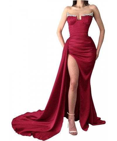 Strapless Mermaid Prom Dresses Beaded V Neck Formal Evening Gowns Slit Party Dresses for Women 2023 Wine Red $34.00 Dresses