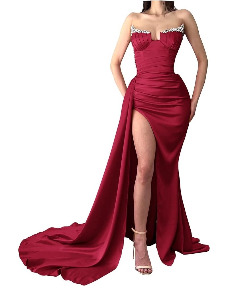 Strapless Mermaid Prom Dresses Beaded V Neck Formal Evening Gowns Slit Party Dresses for Women 2023 Wine Red $34.00 Dresses