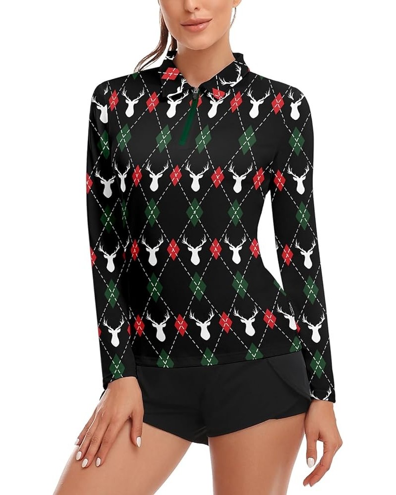 Womens Long Sleeve Golf Shirts Half Zip Moisture Wicking Print Golf Tops Tennis Shirts(XS-3XL) Zipper 4- Christmas Elk $12.76...