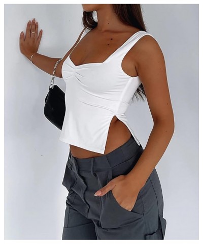 Women's 2023 Sleeveless Strappy Crop Tank Top Sweetheart Backless Skinny Slits Pleated Bustier Cropped Cami White $11.87 Tanks