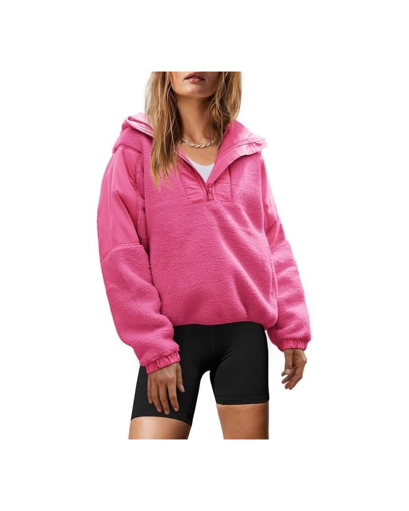 Womens Fuzzy Fleece Hoodie Sherpa Sweatshirt Fluffy 1/4 Zip Up Pullover Outerwear with Pockets Hot Pink $20.21 Jackets