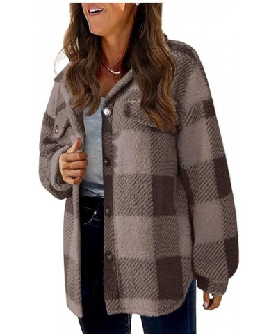 Women's Buffalo Plaid Fleece Jacket Open Front Long Sleeve Cardigan Shacket Jackets Fall Winter Trendy Fashion Coats Coffee $...