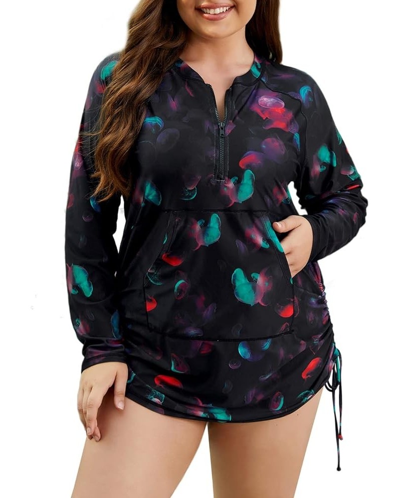 Plus Size Rash Guard for Women UPF 50+ Zip Drawstring Ruched Pocket Top Jerryfish $12.00 Swimsuits