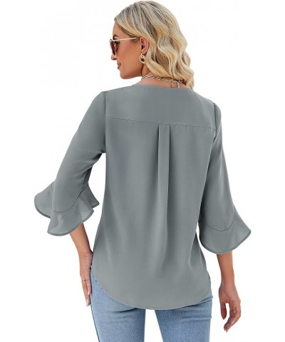 Chiffon Blouses for Women Ruffle 3/4 Sleeve Dressy V Neck Casual Flowy Tunic Tops Grey $13.95 Blouses