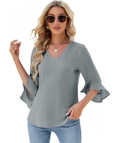 Chiffon Blouses for Women Ruffle 3/4 Sleeve Dressy V Neck Casual Flowy Tunic Tops Grey $13.95 Blouses