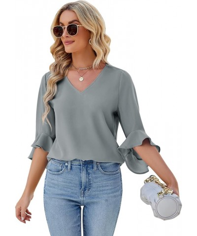 Chiffon Blouses for Women Ruffle 3/4 Sleeve Dressy V Neck Casual Flowy Tunic Tops Grey $13.95 Blouses