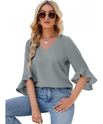 Chiffon Blouses for Women Ruffle 3/4 Sleeve Dressy V Neck Casual Flowy Tunic Tops Grey $13.95 Blouses