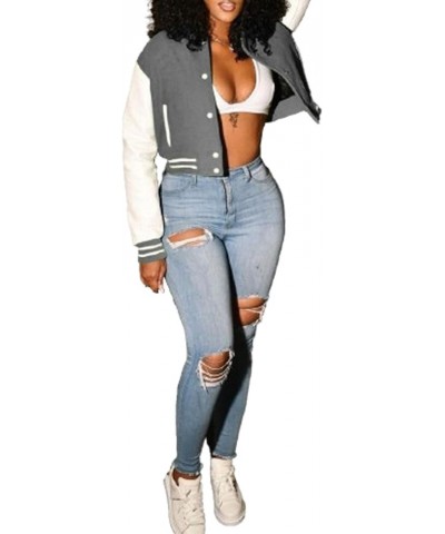 Womens Varsity Crop Jacket Long Sleeve Snap Buttons Bomber Jackets Casual Double Thread Baseball Uniform Streetwear Gary $19....