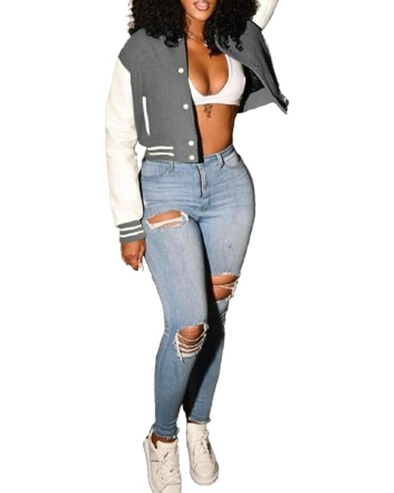 Womens Varsity Crop Jacket Long Sleeve Snap Buttons Bomber Jackets Casual Double Thread Baseball Uniform Streetwear Gary $19....