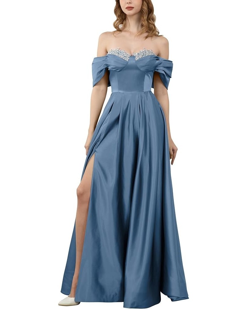 Off Shoulder Satin Prom Dresses for Women 2024 Long Beaded with Slit Formal Evening Gowns with Pockets Dusty Blue $28.60 Dresses