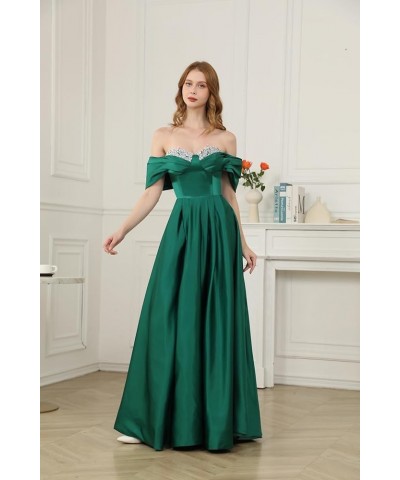 Off Shoulder Satin Prom Dresses for Women 2024 Long Beaded with Slit Formal Evening Gowns with Pockets Dusty Blue $28.60 Dresses