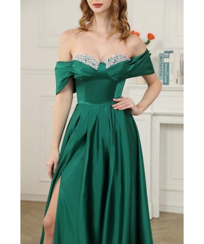 Off Shoulder Satin Prom Dresses for Women 2024 Long Beaded with Slit Formal Evening Gowns with Pockets Dusty Blue $28.60 Dresses