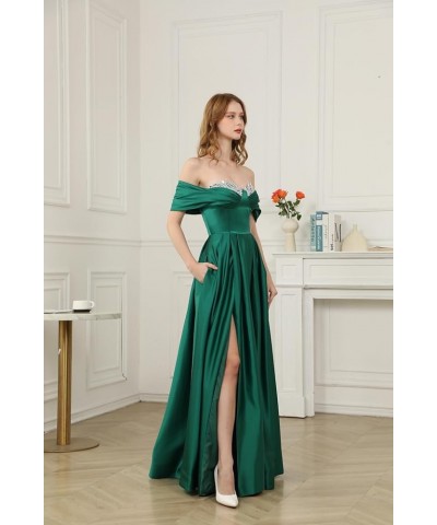 Off Shoulder Satin Prom Dresses for Women 2024 Long Beaded with Slit Formal Evening Gowns with Pockets Dusty Blue $28.60 Dresses