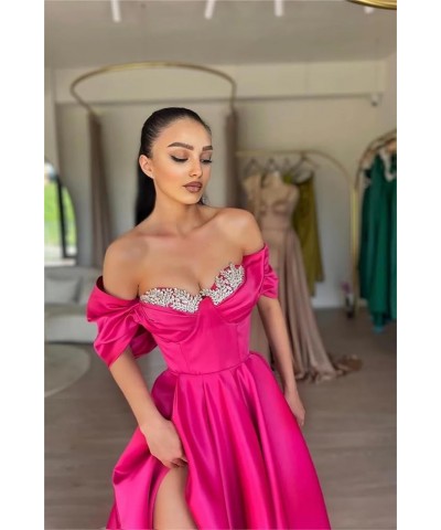 Off Shoulder Satin Prom Dresses for Women 2024 Long Beaded with Slit Formal Evening Gowns with Pockets Dusty Blue $28.60 Dresses