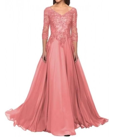 3/4 Sleeve Mother of The Bride Dresses Long Laces Appliques Chiffon Formal Evening Gowns for Wedding Guest Coral $42.83 Dresses