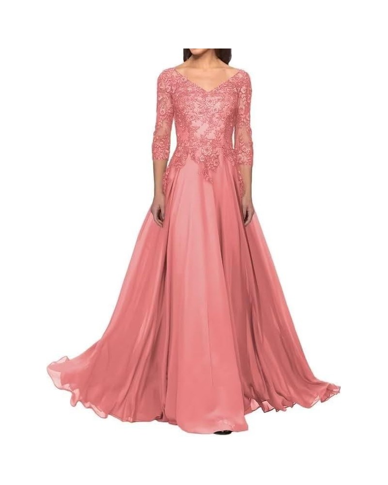 3/4 Sleeve Mother of The Bride Dresses Long Laces Appliques Chiffon Formal Evening Gowns for Wedding Guest Coral $42.83 Dresses