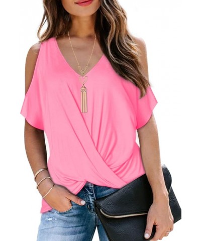 Womens Summer Cold Shoulder Tops Short Sleeve Front Twist Knot V Neck T Shirts Draped Blouses Pink $16.81 T-Shirts