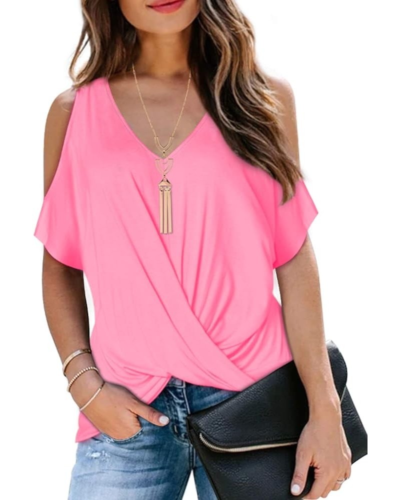 Womens Summer Cold Shoulder Tops Short Sleeve Front Twist Knot V Neck T Shirts Draped Blouses Pink $16.81 T-Shirts