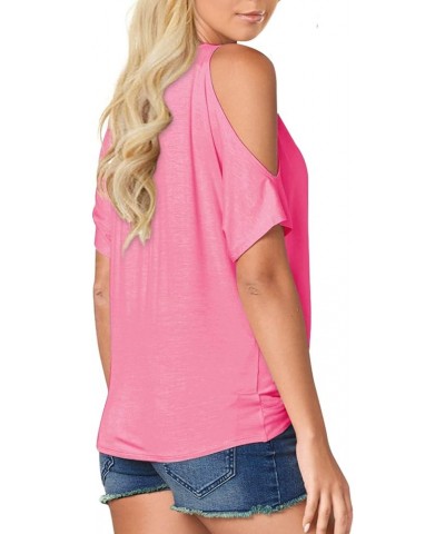 Womens Summer Cold Shoulder Tops Short Sleeve Front Twist Knot V Neck T Shirts Draped Blouses Pink $16.81 T-Shirts