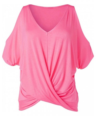 Womens Summer Cold Shoulder Tops Short Sleeve Front Twist Knot V Neck T Shirts Draped Blouses Pink $16.81 T-Shirts