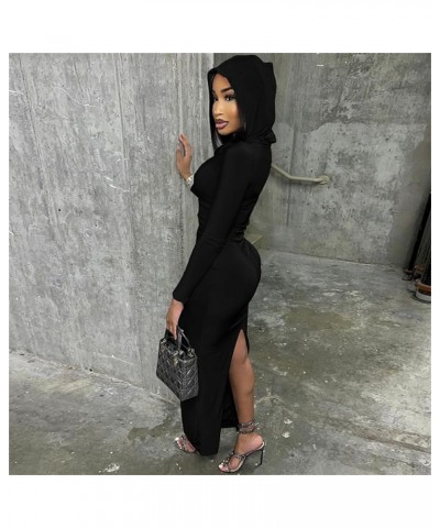 Women's Casual Long Sleeve Bodycon Maxi Dress Y2k Hoodie Ruched Basic Back Hem Split Party Club Night Out Long Dresses Long B...