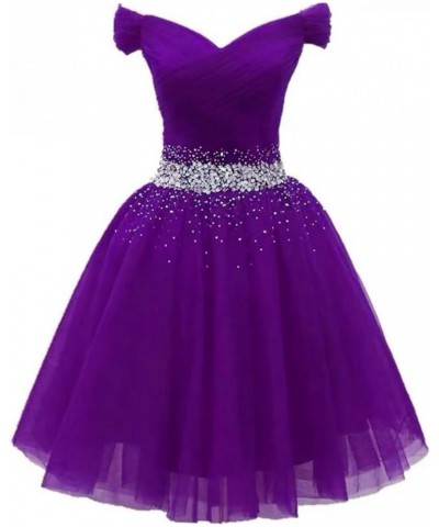 Women's Off Shoulder Beaded Short Prom Dress Tulle Teens Homecoming Dresses Bridesmaid Gown Purple $30.00 Dresses