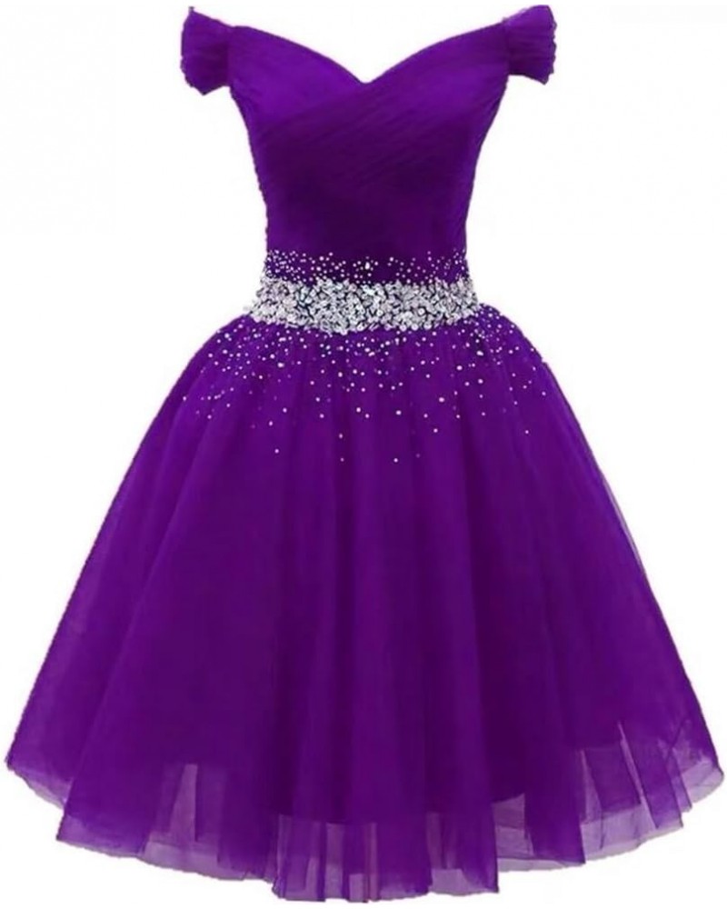 Women's Off Shoulder Beaded Short Prom Dress Tulle Teens Homecoming Dresses Bridesmaid Gown Purple $30.00 Dresses