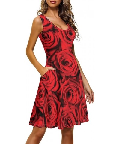 Summer Sleeveless Tank Dress for Women Girls Knee Length Sundress with Side Pockets Red Rose $20.99 Dresses