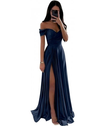 Off The Shoulder Satin Bridesmaid Dresses A Line Ruffled Prom Formal Dress with Slit Navy Blue $26.40 Dresses