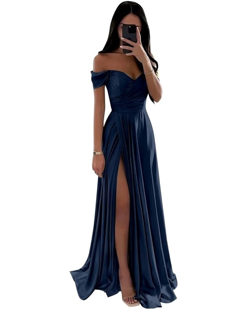 Off The Shoulder Satin Bridesmaid Dresses A Line Ruffled Prom Formal Dress with Slit Navy Blue $26.40 Dresses