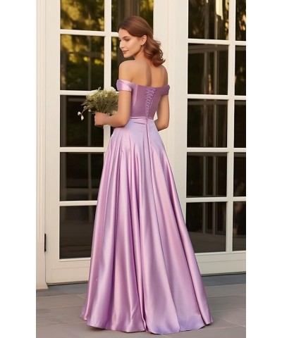 Off The Shoulder Satin Bridesmaid Dresses A Line Ruffled Prom Formal Dress with Slit Navy Blue $26.40 Dresses