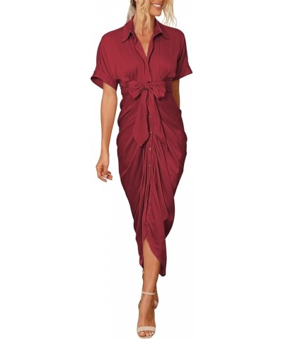 Women Elegant Satin Short Sleeve Ruched Maxi Button Down Shirt Dress with Belt Ruby $25.92 Dresses