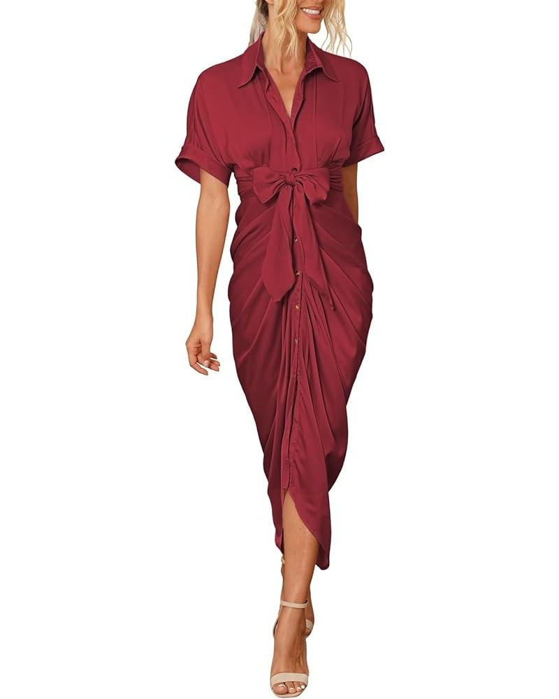 Women Elegant Satin Short Sleeve Ruched Maxi Button Down Shirt Dress with Belt Ruby $25.92 Dresses