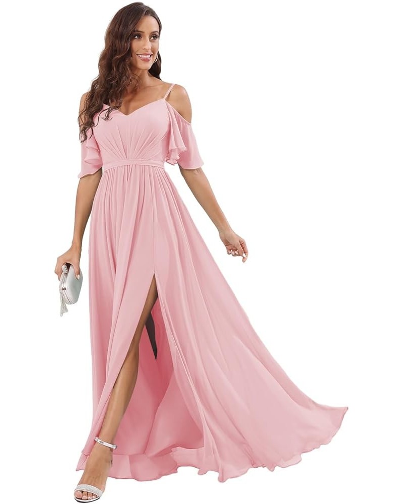 Off The Shoulder Chiffon Bridesmaid Dress with Split A Line Pleats Bridesmaid Dress Long for Women RS047 Light Pink $32.47 Dr...