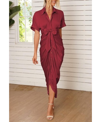 Women Elegant Satin Short Sleeve Ruched Maxi Button Down Shirt Dress with Belt Ruby $25.92 Dresses