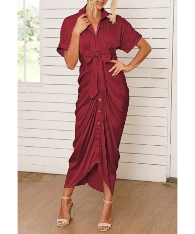 Women Elegant Satin Short Sleeve Ruched Maxi Button Down Shirt Dress with Belt Ruby $25.92 Dresses