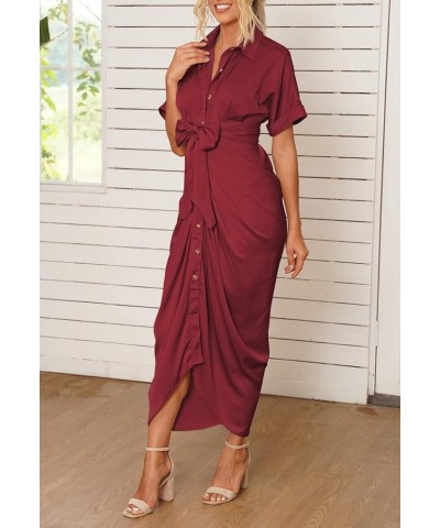 Women Elegant Satin Short Sleeve Ruched Maxi Button Down Shirt Dress with Belt Ruby $25.92 Dresses