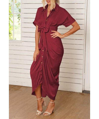 Women Elegant Satin Short Sleeve Ruched Maxi Button Down Shirt Dress with Belt Ruby $25.92 Dresses