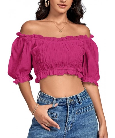 Women's Off Shoulder Ruffle Trim Ruched Short Sleeve Blouse Crop Top Rose $16.49 Blouses