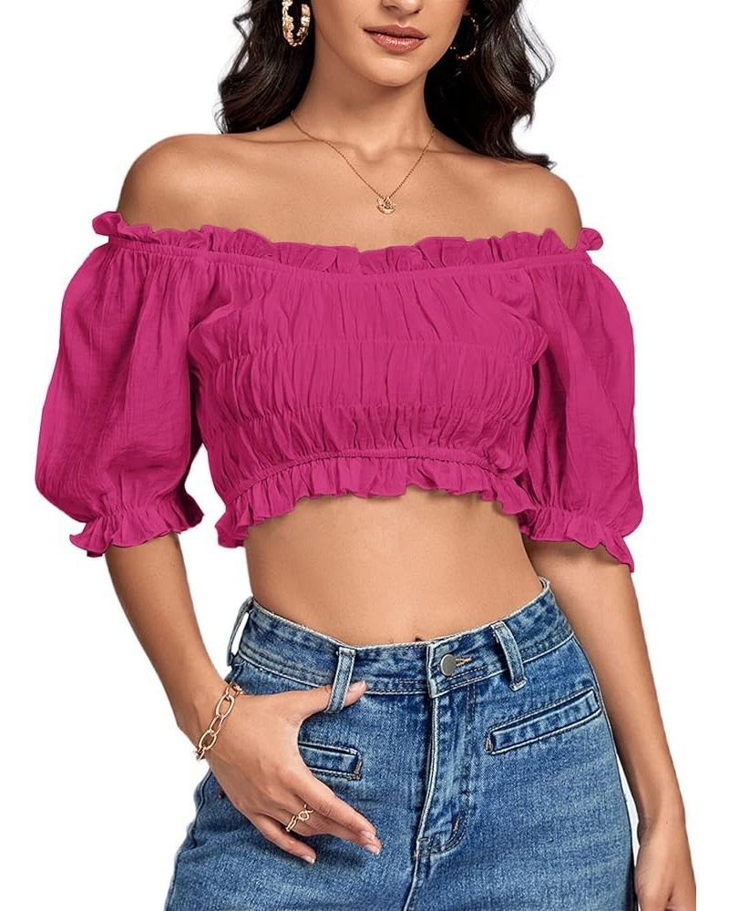 Women's Off Shoulder Ruffle Trim Ruched Short Sleeve Blouse Crop Top Rose $16.49 Blouses