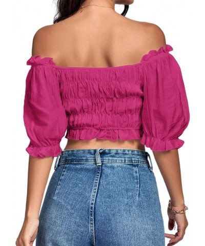 Women's Off Shoulder Ruffle Trim Ruched Short Sleeve Blouse Crop Top Rose $16.49 Blouses